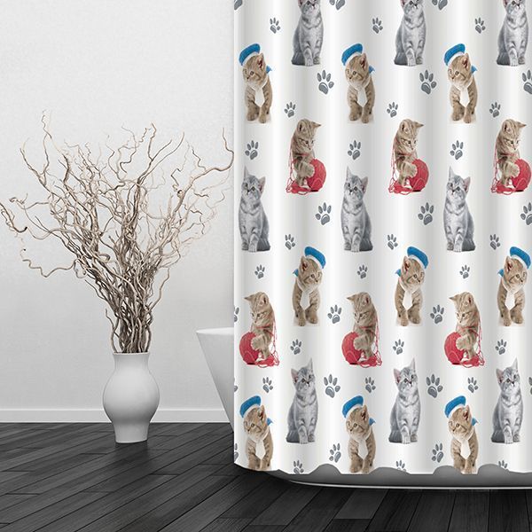 Штора для ванной тканевая белая, котята ВТ-823826 , "Дорофей", 180*180